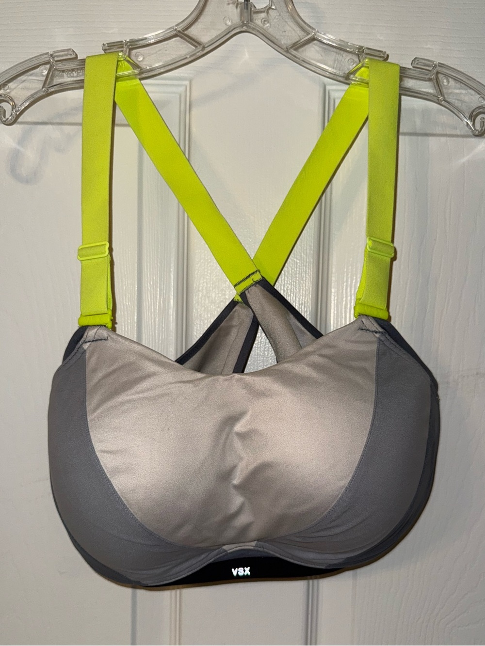 VSX Gray and Neon Yellow Padded Sports Bra with Crisscross Straps